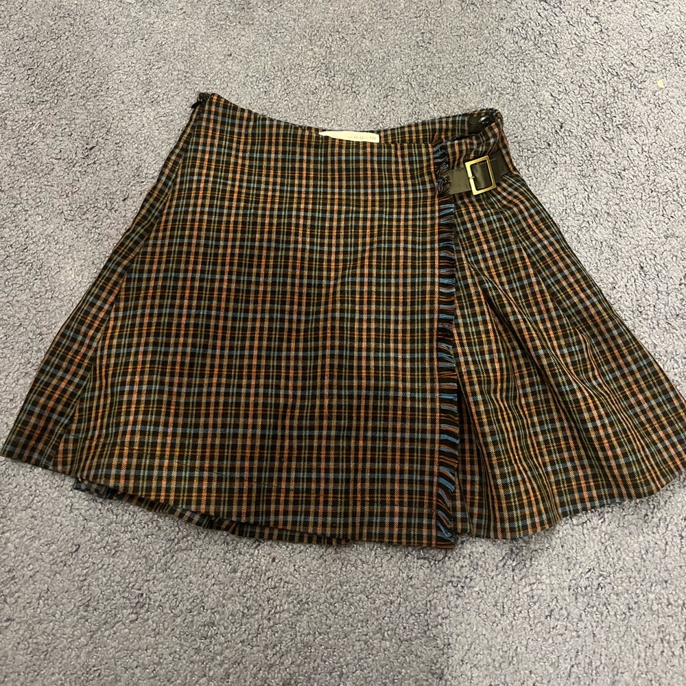 Zara Plaid Wrap Skirt in Brown and Black with Buckle